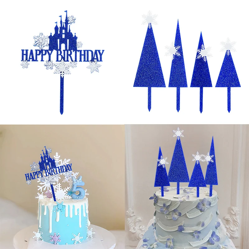 Snowflake Castle Happy Birthday Cake Topper Kids Girls Birthday Cake Decoration Baby Shower Anniversary Arcylic Cupcake Supplies