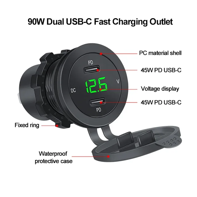 90W USB C Car Charger Socket Dual 45W PD Type-C Power Outlet Fast Charging for 12V/24V Car Marine Boat Sedan RV ATV Motorcycle 5