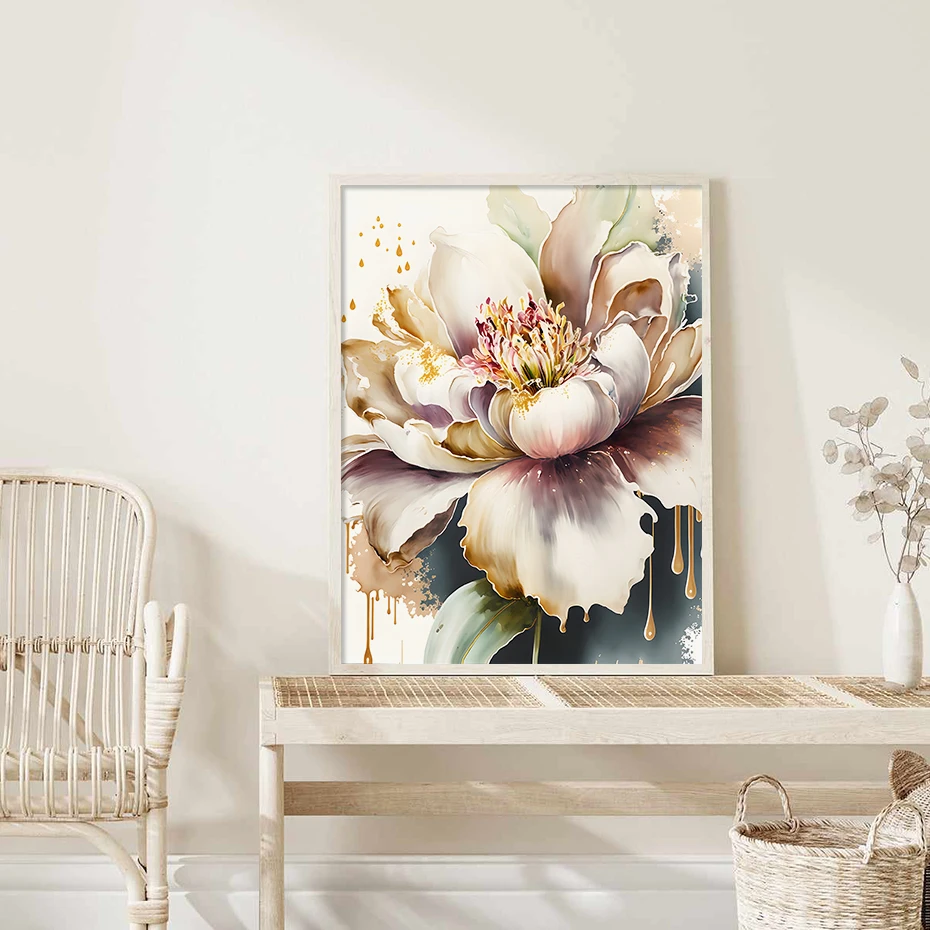 

Modern Peony Flower Gold Canvas Painting Wall Art Poster Print Picture for Luxurious Living Room Decor for Home and Office