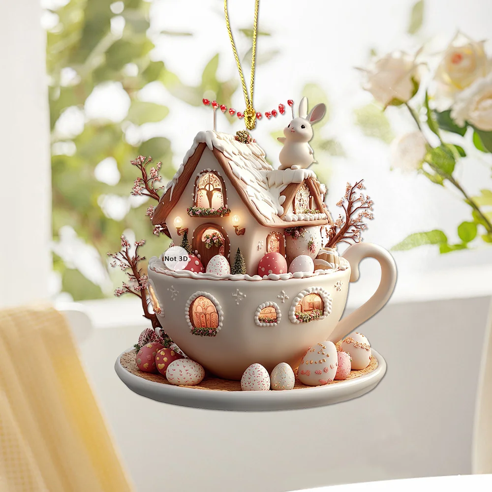 Easter Coffee Cup Ornaments Cartoon Bunny Egg House Coffee Mug Decorative 2D Acrylic Ornaments 2025 Spring Party Supplies NEW 3