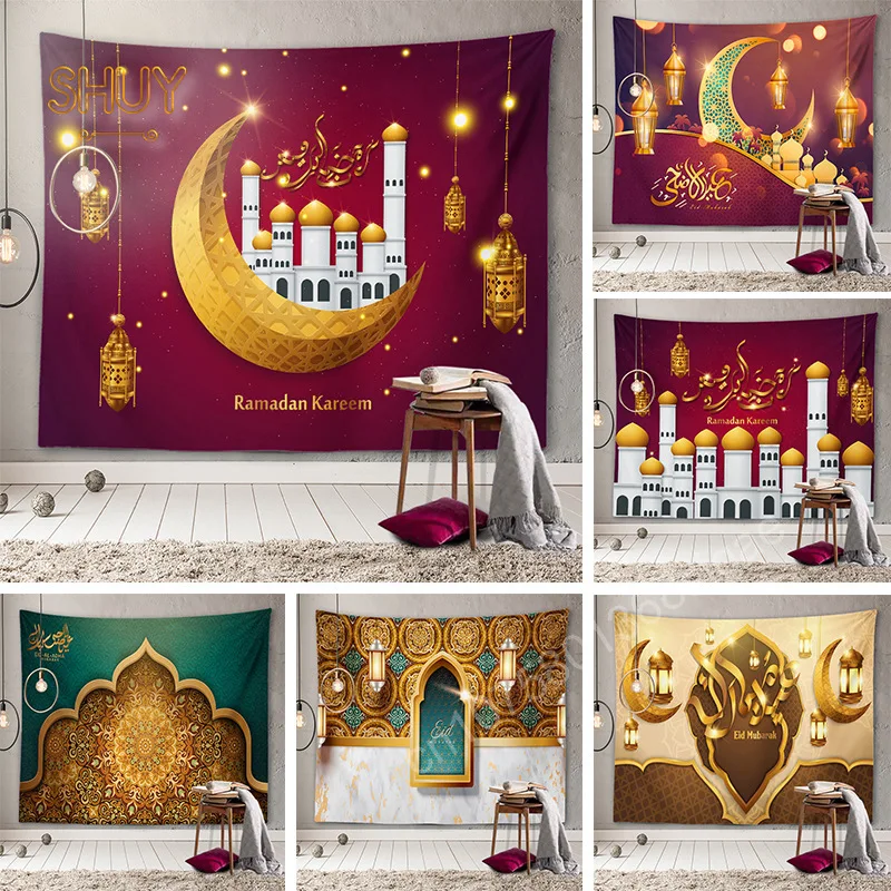 

Polish Ramadan Kareem Tapery Home Wall Hanging Cloth Moon Star Datura Gold Print Tapestries Festival Decor Background Fabric