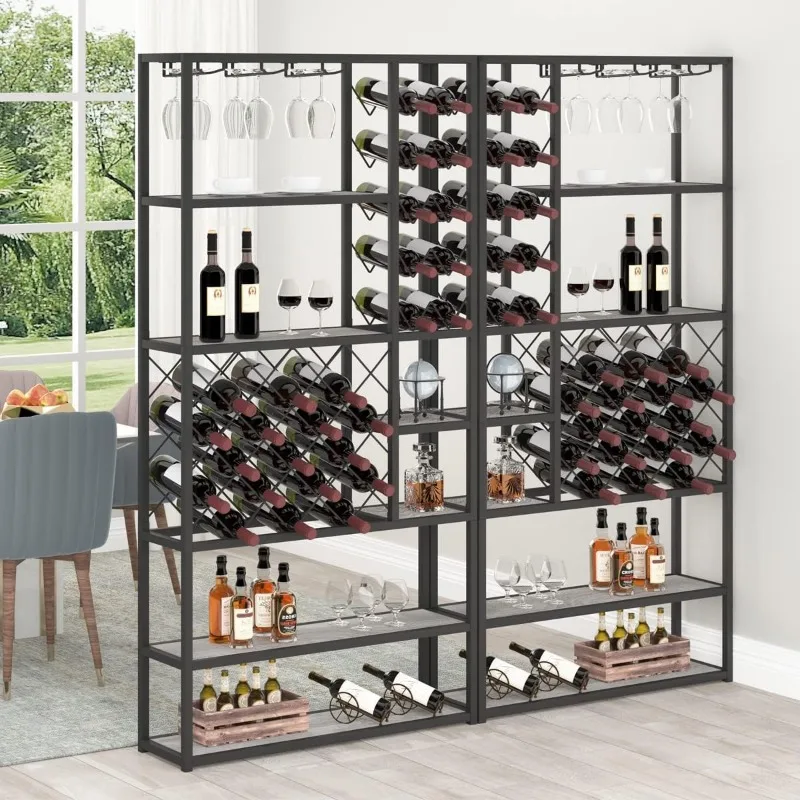 Industrial Wine Rack Freestanding Floor, Farmhouse Tall Coffee Bar Cabinet with Storage, Wood Metal Stackable Bakers Rack