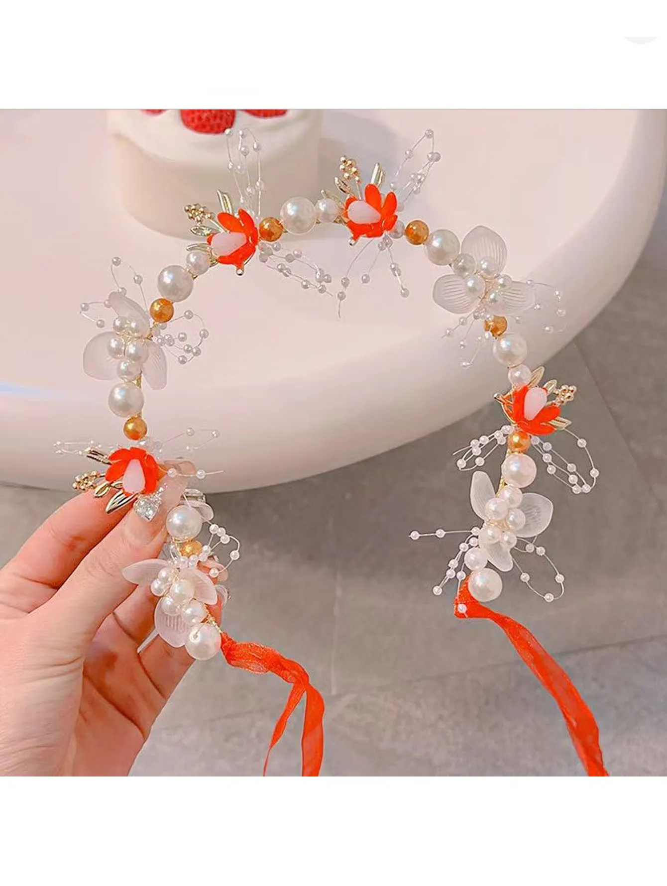 37cm 숲 모양 모조 진주 라인스톤 꽃 화환 헤어 액세서리 1개, 결혼식/생일/공연 액세서리