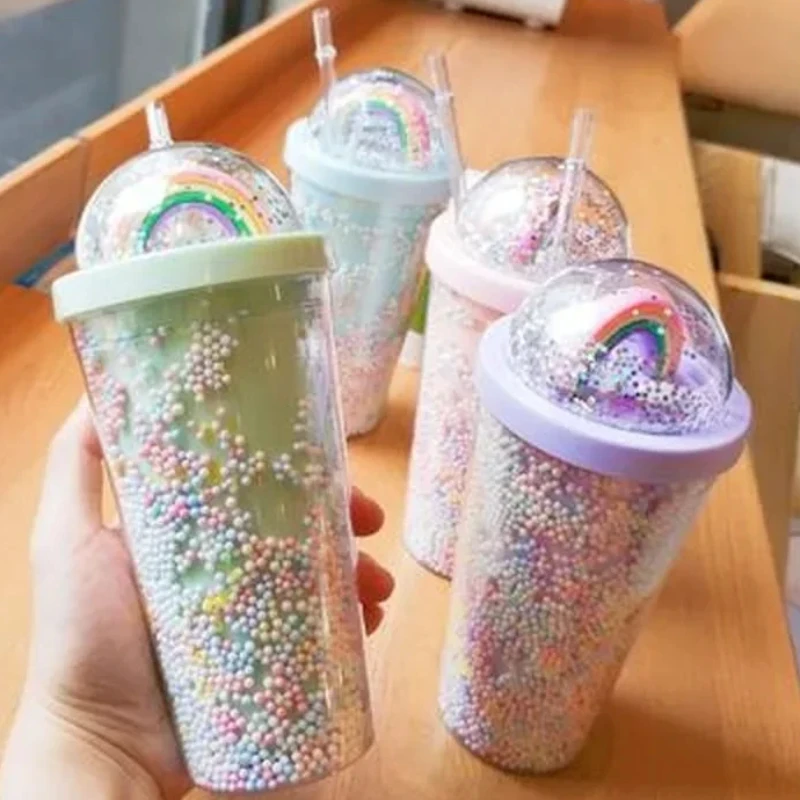 Double Layers Rainbow Plastic Water Bottle with Straw Korean Style Creative Sweet Mug for Milk Coffee Tea Cup Water Bottles