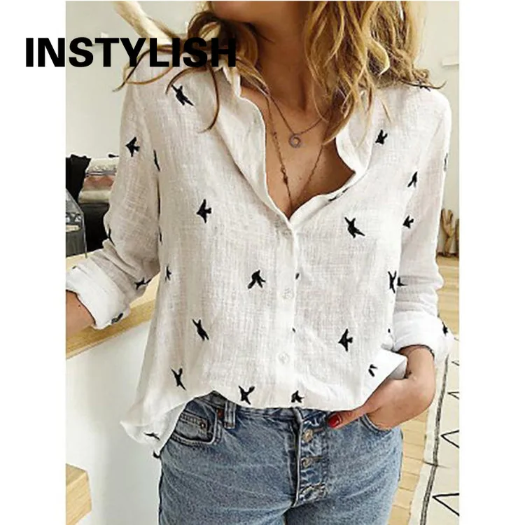 Elegant Cotton and Linen Vintage Oversized Tops Women Casual Long Sleeve Birds Print Loose Blouses and Shirts Streetwear Tunic