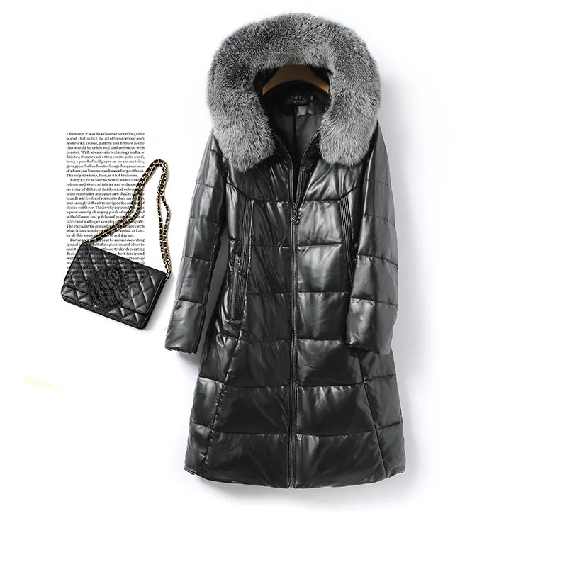 

2023 Winter Duck Down Coat Women 100% Real Sheepskin Leather Jackets Hooded Warm Fox Fur Collar Coats Mid-length Puffer Jacket