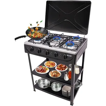 Natural Gas Stove Outdoor 5-Burner Stove Portable Gas Stove with 2 Placement Boards and Windshield for Outdoor Camping RV Travel 3