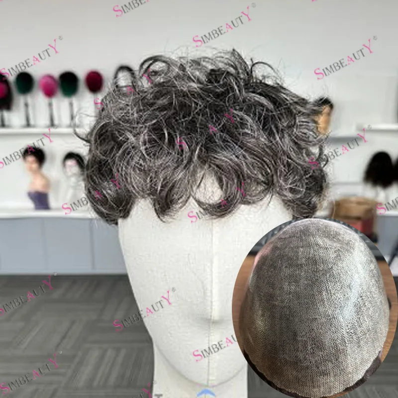 Toupee Hair Pieces Gray 30mm Wave Man Hairstyle Poly Skin Human