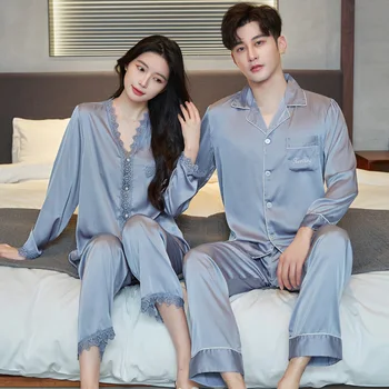 그레이 레이온 커플 잠옷 세트, 봄 가을 잠옷, 긴팔 셔츠 및 바지, 신부 결혼 선물, 캐주얼 홈 의류