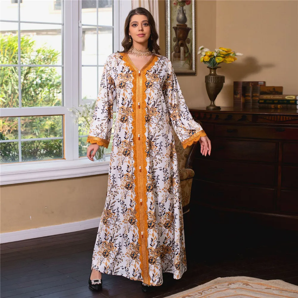 

Abayas For Women Ramadan Floral Print Kaftan Dubai Muslim Dresses Hijab Turkey Arabic Islamic Clothing Robe Jalabiya Caftan Gown