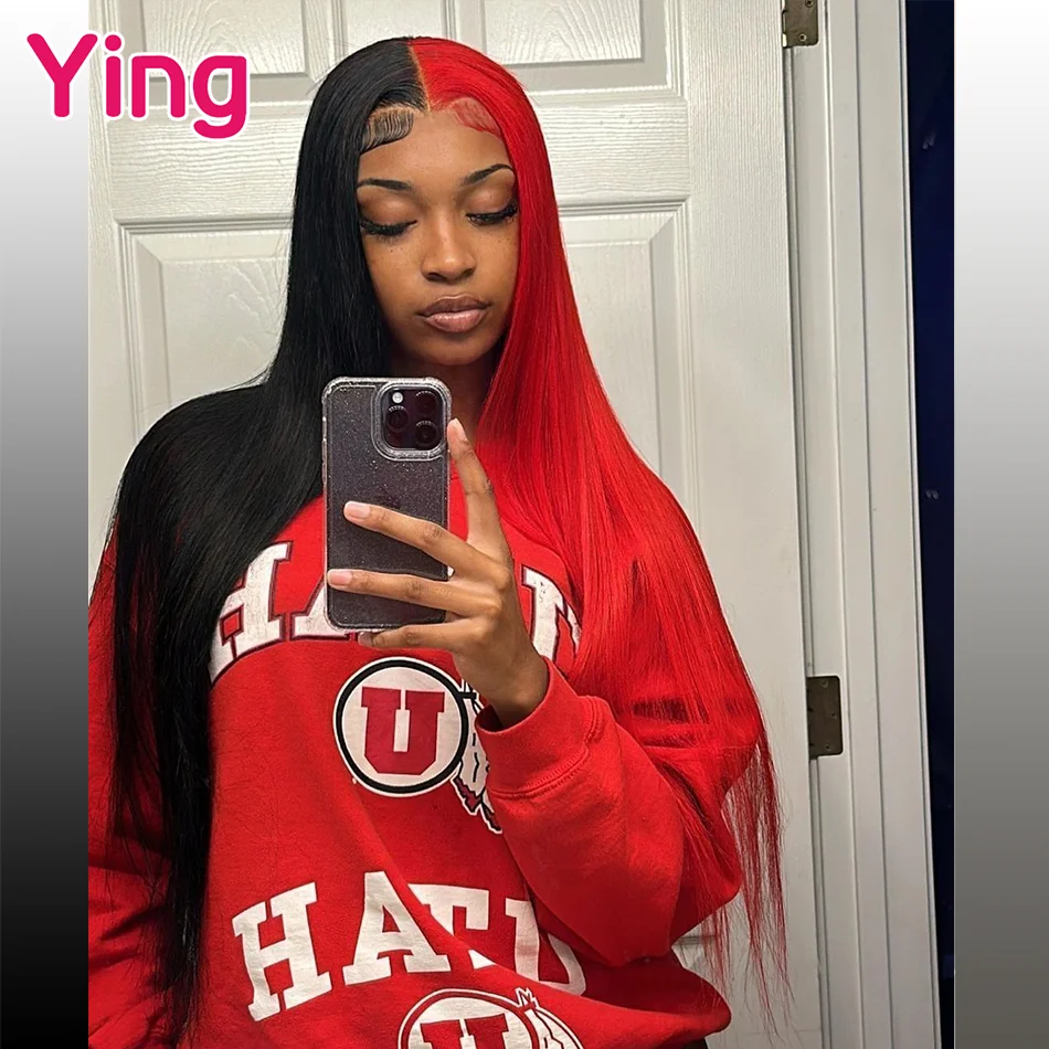 

Red With Black Colord Transparent Lace 13X6 Lace Frontal Human Hair Wigs for Women Brazilian Straight Lace Front Wigs Remy 180%