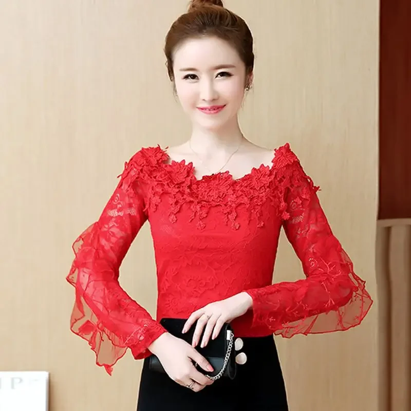 

Elegant Lace Hollow Out Embroidery Blouses Women Clothing 2024 Autumn Winter Loose Korean Tops Butterfly Sleeve Shirts N10