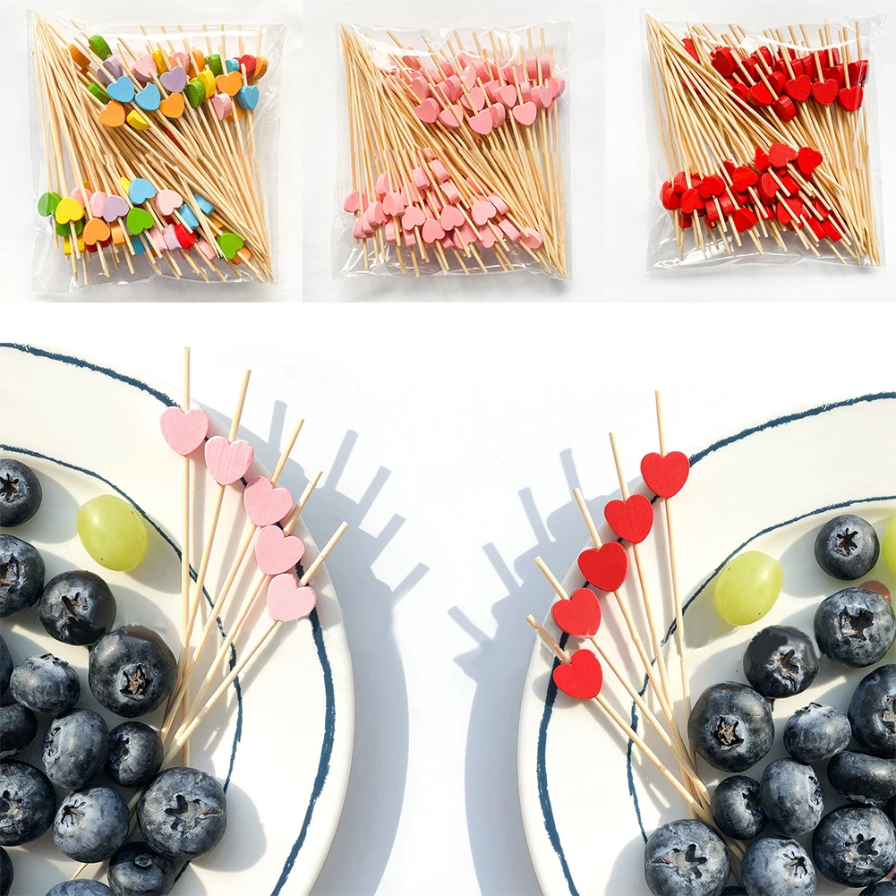 

100pcs Heart Shape Cocktail Sticks Sandwich Fruit Toothpick Cake Fruit Sushi Sticks Bar Cafe Party Home Decor Supply