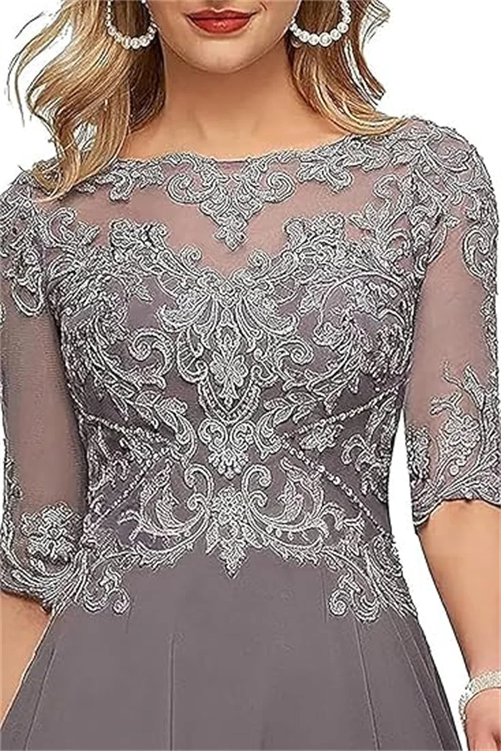 Lace Appliques Chiffon Mother Of The Bride Dresses For Wedding 3/4 Sleeves Tea Length Beaded Formal Evening Prom Dress For Women
