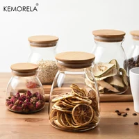 KEMORELA 1PCS Wood Lid Glass Airtight Canister Food Container Tea  Kitchen Storage Bottles Jar Sealed Grounds Jars Organizer 1