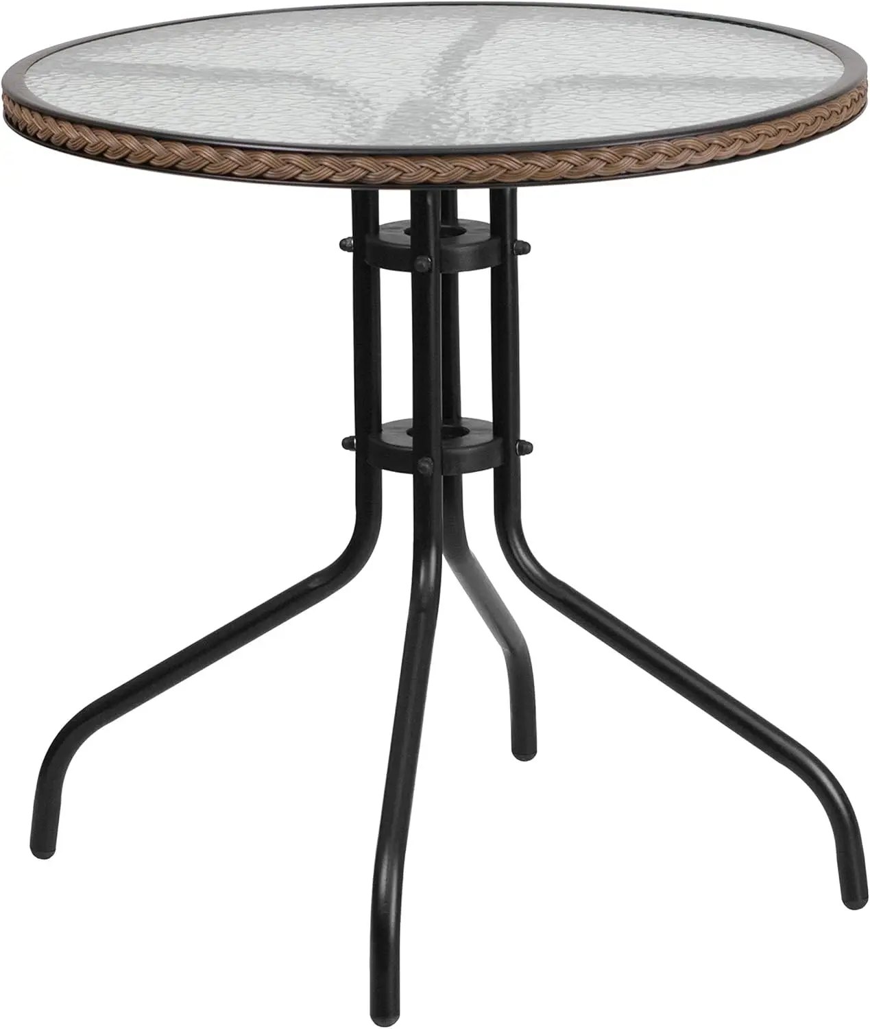 Lila 28'' Round Glass Metal Table with Dark Brown Rattan Edging and 4 Dark Brown Rattan Stack Chairs