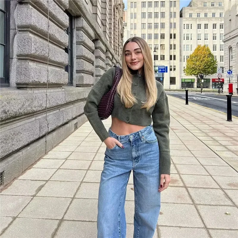 TRAF-cárdigan de punto para mujer, suéter corto de manga larga, color gris, para otoño e invierno, 2024