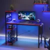 Gaming Desk with LED Lights, 44 Inch PC Gamer Desk for Small Spaces, Computer Desk with Reversible Storage Shelves 1