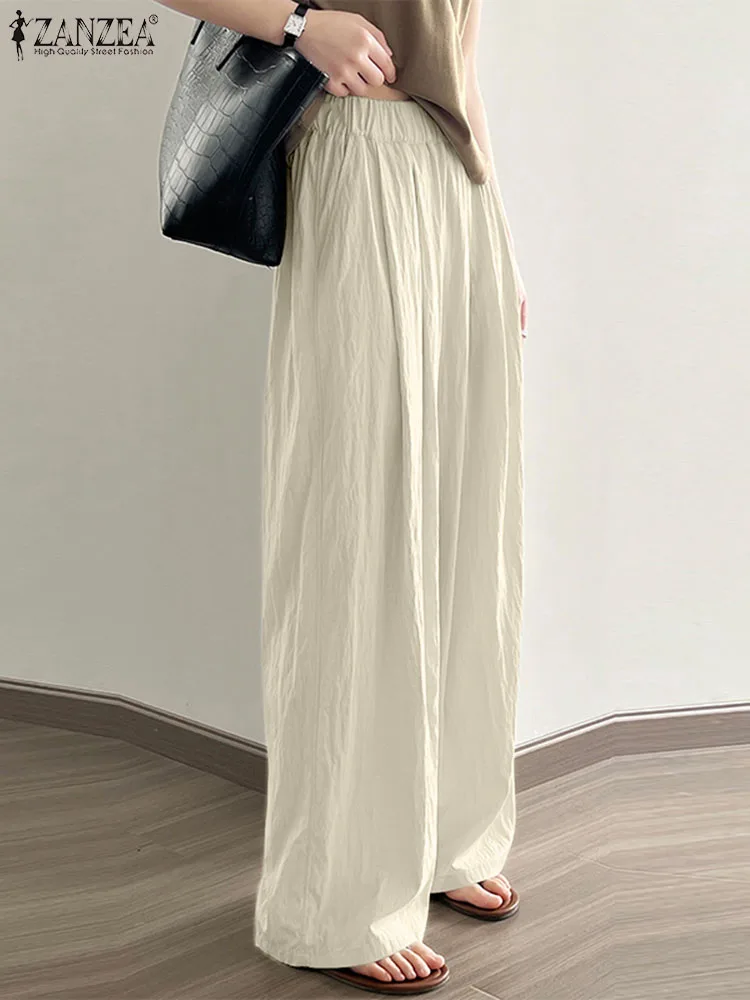 

Holiday Wide Leg Long Trouser ZANZEA Casual Loose Solid Pants Elegant Elastic High Waist Pantalones 2023 Autumn Pleating Pants