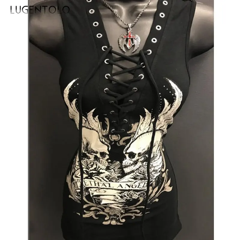 Black Skull Tank Tops Women Summer Fashion Large Size Lace Up Vneck Sexy Streetwear Tops For