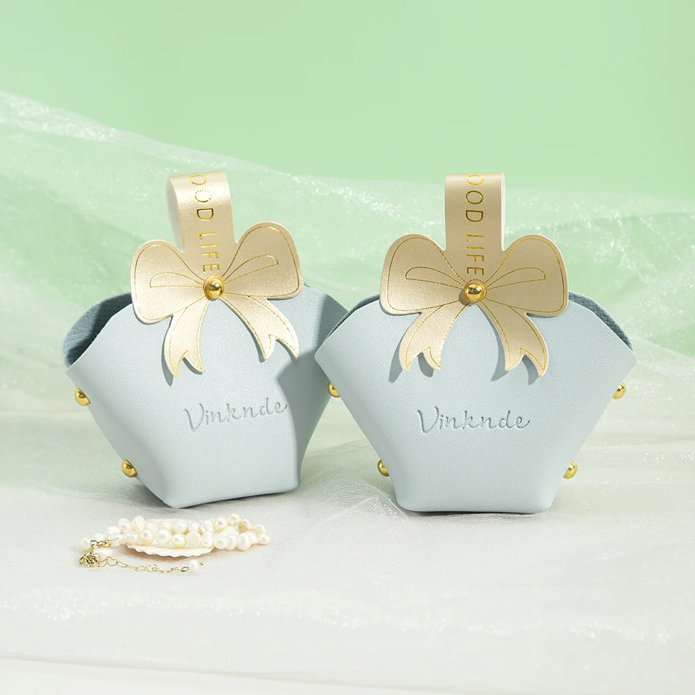 Light Blue 14x9x6cm Leather Jewelry Handbag With Gold Bowknot Wedding Favors Gift Candy Basket Bag Portable Travel Storage Pouch