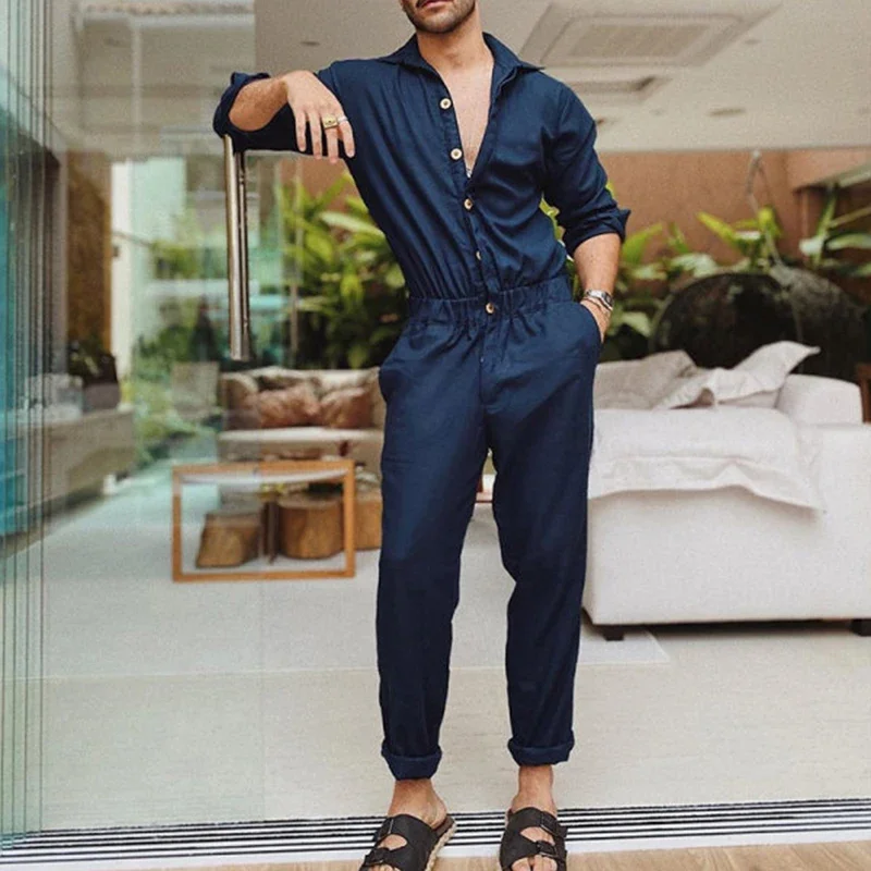 Description Picture 6 of item2023 Men Solid Color Jumpsuit Playsuit  Buttons Casual Cargo Clothes Overalls Turn Down Collar Long Sleeve Oversized Waist Pants