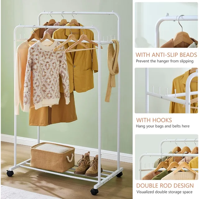 Hoctieon Heavy Duty Double Rod Clothing Racks for Hanging  Clothes,Extensible Garment Rack With Wheels,Clothes Rack with Wooden Bottom  Shelves