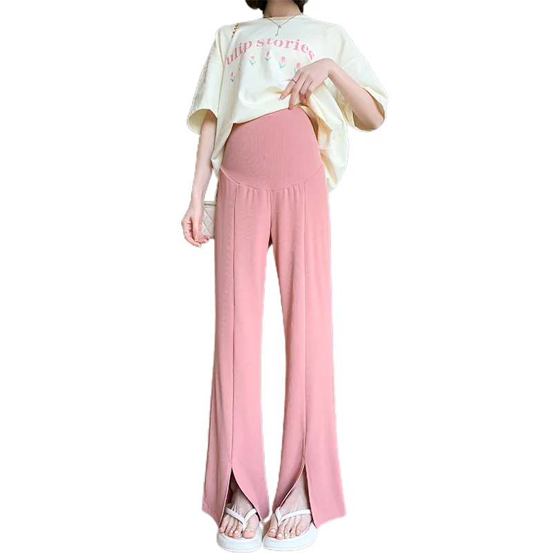 Thin Summer Pregnant Woman Belly Pants 2024 New Fashion Front Split Maternity Empired Trousers Solid Color Pregnancy Boot Cuts 5