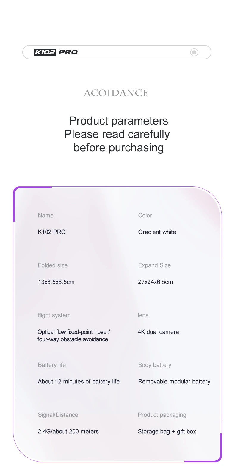 K102 Pro Drone, kioz pro acoidance product parameters please