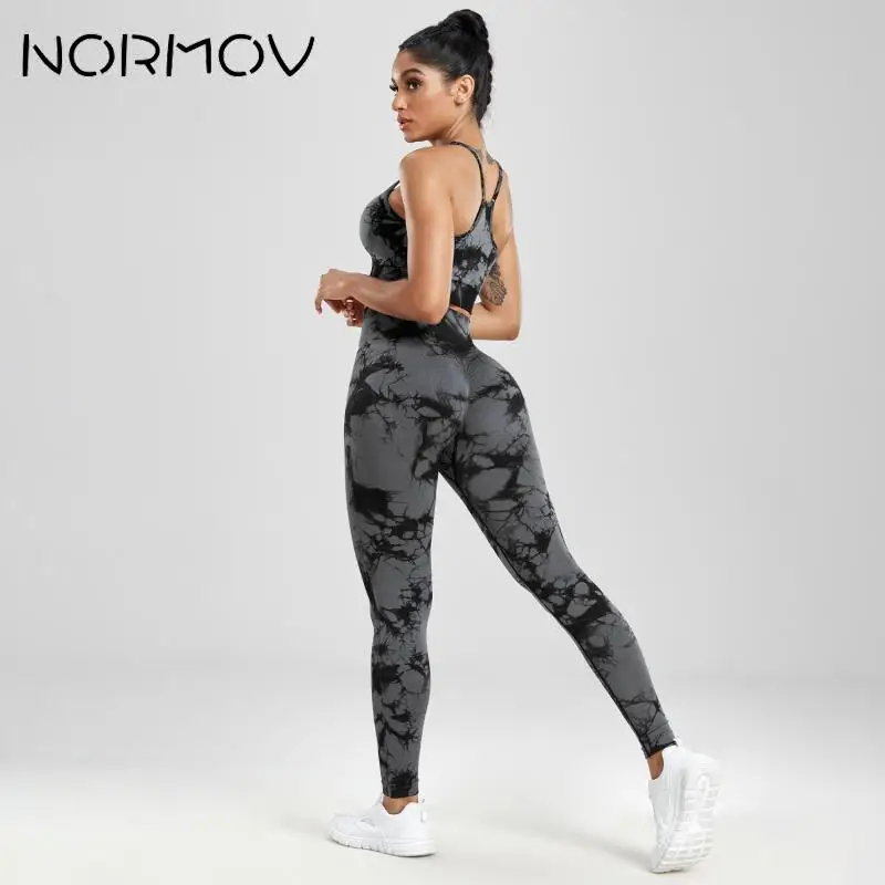 NORMOV 1/2Pcs Yoga Set Tie Dyeing Workout Set Seamless Gym Set