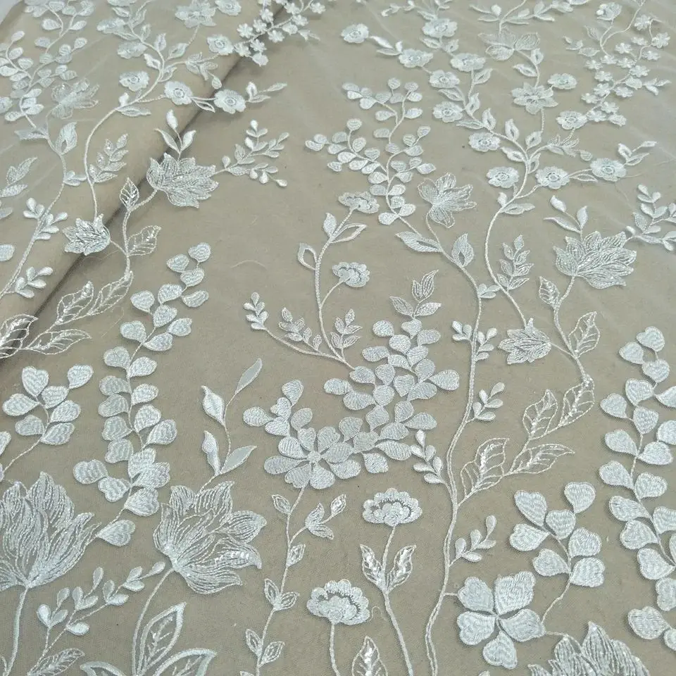 Elegant Fashion Bridal Dress Sequins Jacquard Lace Fabric Cotton Voile Lace Fabric Brocade Lace Fabric 130cm Width Wedding Dress Fabric Sequins Lace Selling by Yard