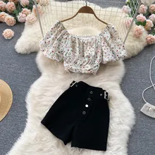 

2022 Summer New Women 2 Two Piece Set Lantern Sleeve Print Short Crop Top High Waist Wide Jeans Shorts Tracksuit Sexy Conjunto