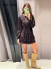 Sexy Ruffles Short Dress V-neck Long Lantern Sleeve Pleated Brown Party Dresses Female 2025 Spring Summer Lady Loose Vestidos 2