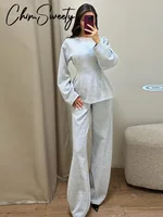 Ensemble tailleur-pantalon chic 2 pièces pour femme, haut uni à manches longues et col rond, veste plissée cintrée à la taille, pantalon large, collection Printemps 2026 3