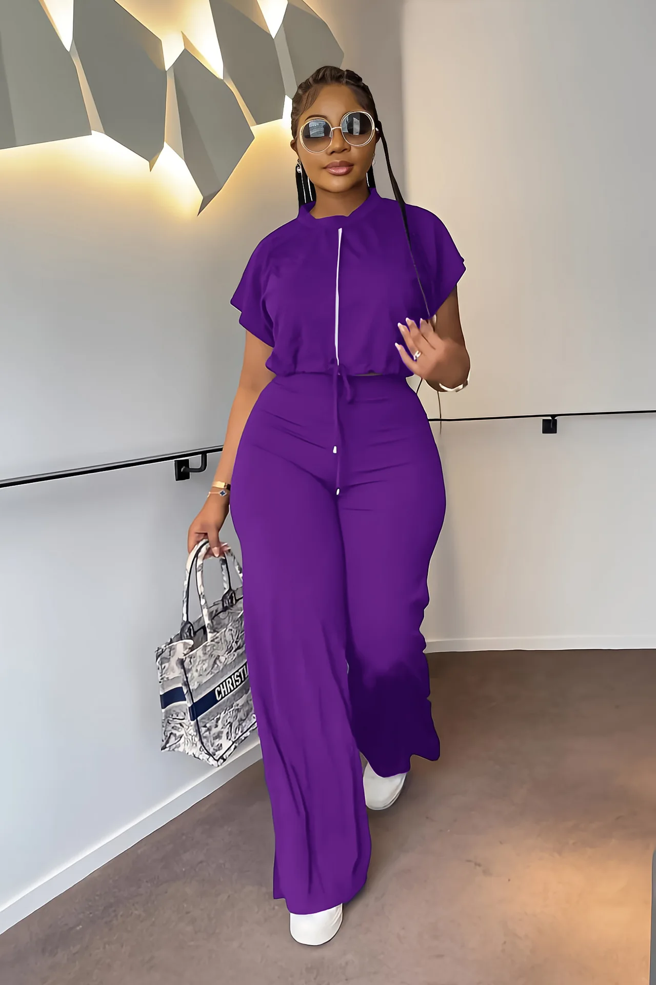 Summer Fashion Sports Style Two Piece Set for Women Casual Drawstring Top Split Wide Leg Pants Two Piece Set Women