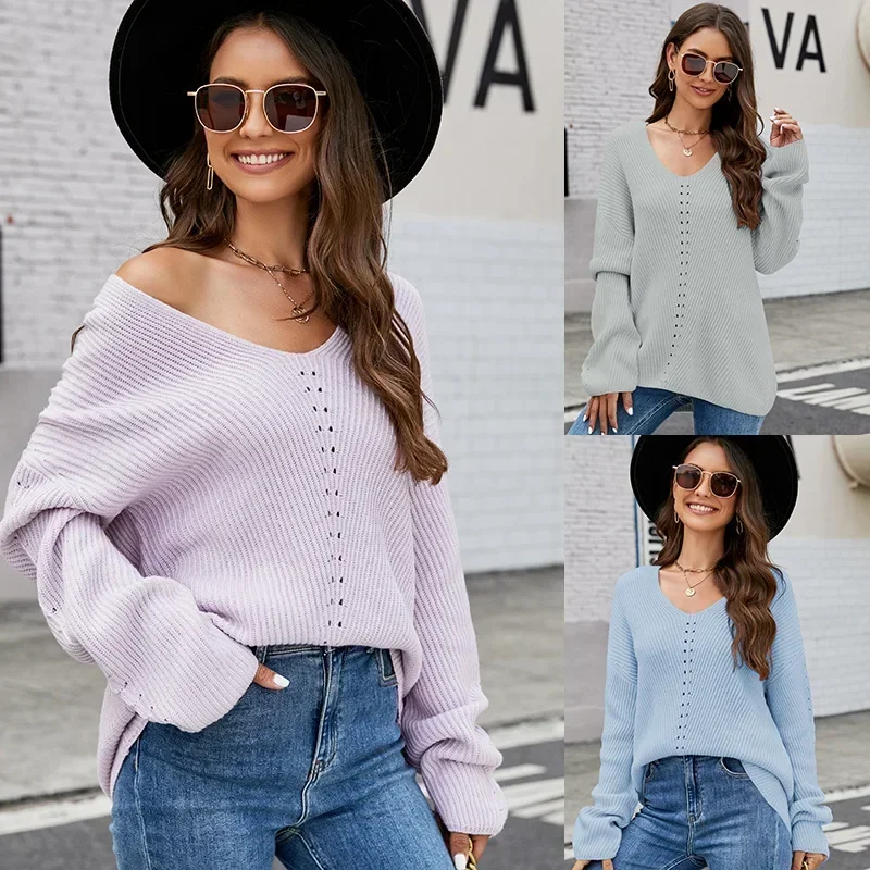 

Long-sleeved Lazy Wind Sweater Casual V-neck Knit Sweater Spring and Autumn Women Casual Pullover Loose Knitted Clothes Coats