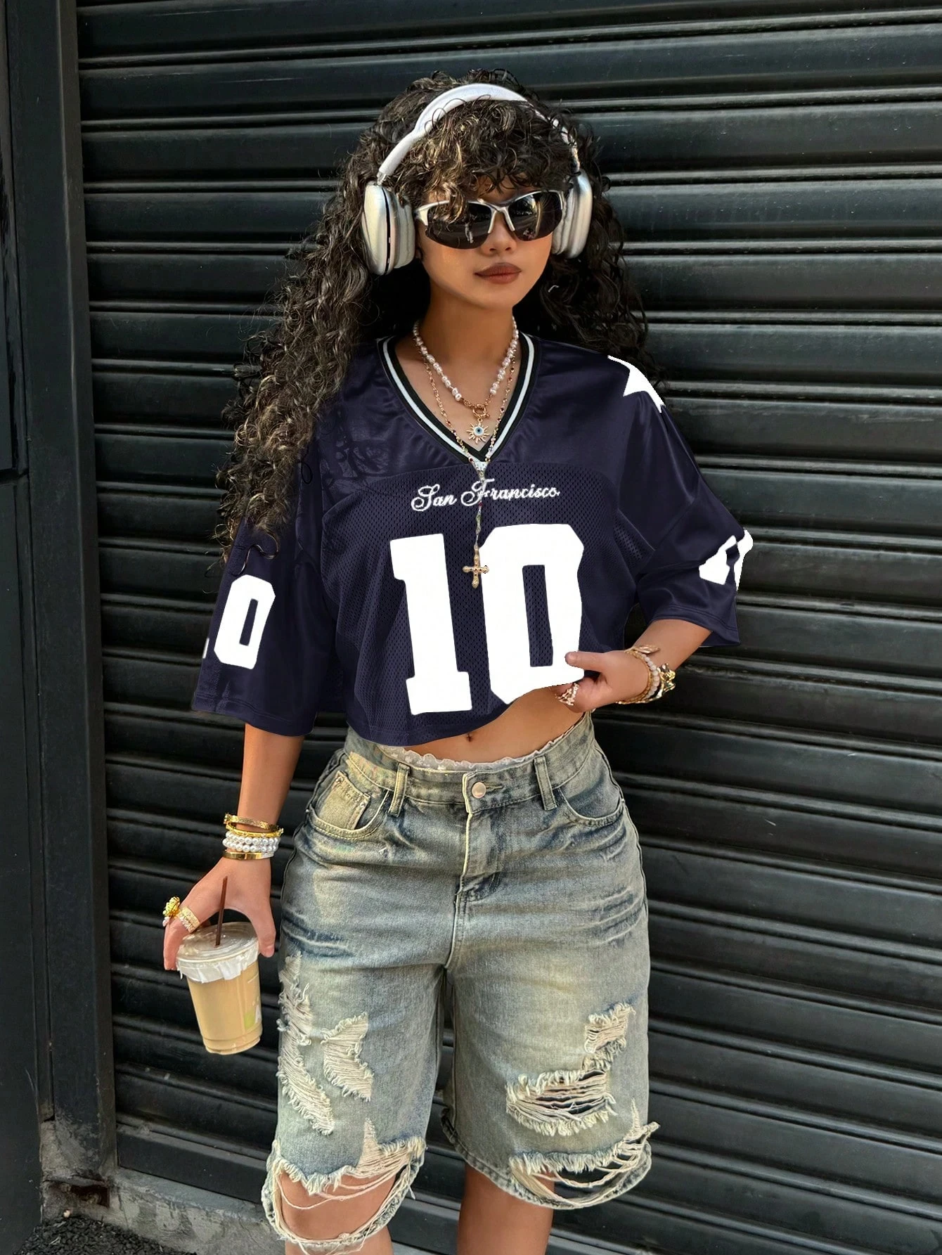 2025 Summer Women's Y2K Fashion Casual Sports Shirt American No. 10 Jersey V-Neck Loose Casual Breathable Quick Drying T-Shirt 3