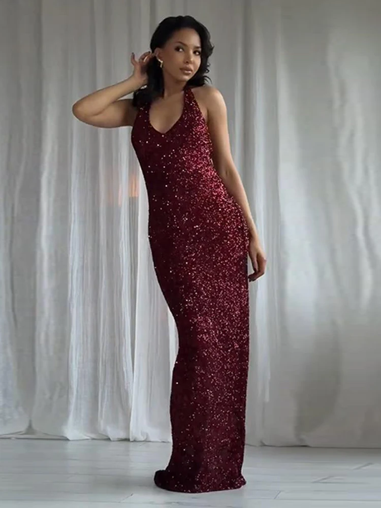 Elegant Trendy Sequin Halter-Neck Maxi Dress