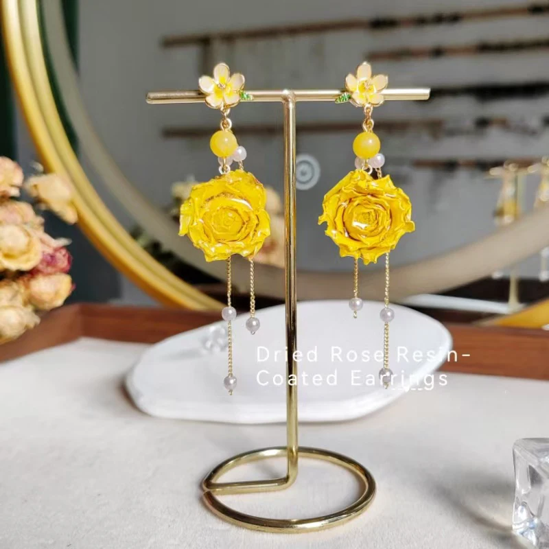 Elegant Immortal Rose Long Earrings Epoxy Resin Real Rose Flower 11