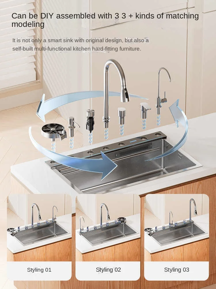 Kitchen Sink Stainless Steel Digital Display Wash Basin With Waterfall Faucet Embossed Large Single Slot Farmhouse 5.0MM