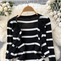 Korean Sweet Hit Color Patchwork Striped Spaghetti Strap Dress and V Neck Long Sleeve Cardigans 2 Pieces Sets - Image 3
