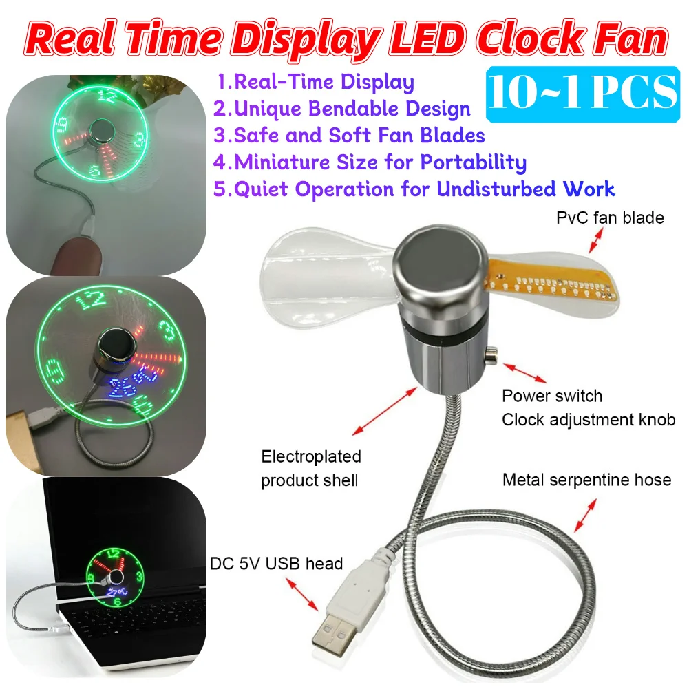 10-1PCS Metal Mini Fan Real Time Display Clock Fan DC 5V Small Night Light USB Powered Mini Cooling Flashing for PC Notebook