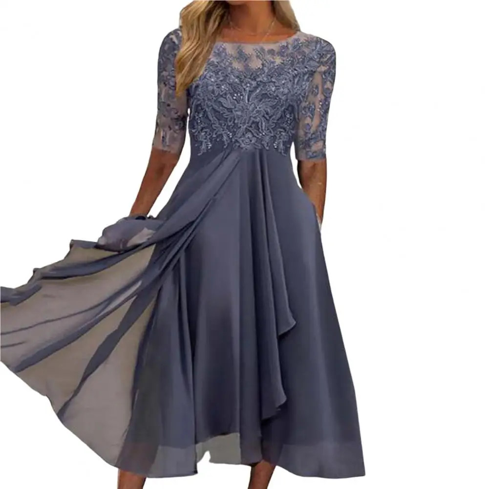 

Popular Bridesmaid Dress Lady Hollow Lace Chiffon Stitching Gown Long Dress O-neck Breathable Chiffon Dress Female Clothes