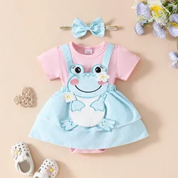 Baby Girl Short Sleeve Frog Embroidery Suspender Romper with Headband Summer Outfits Infant 2Pcs Clothes Set