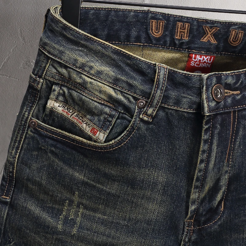 Fashion Designer Men Jeans High Quality Retro Washed Blue Stretch Slim Fit Ripped Jeans Men Italian Style Vintage Denim Pants