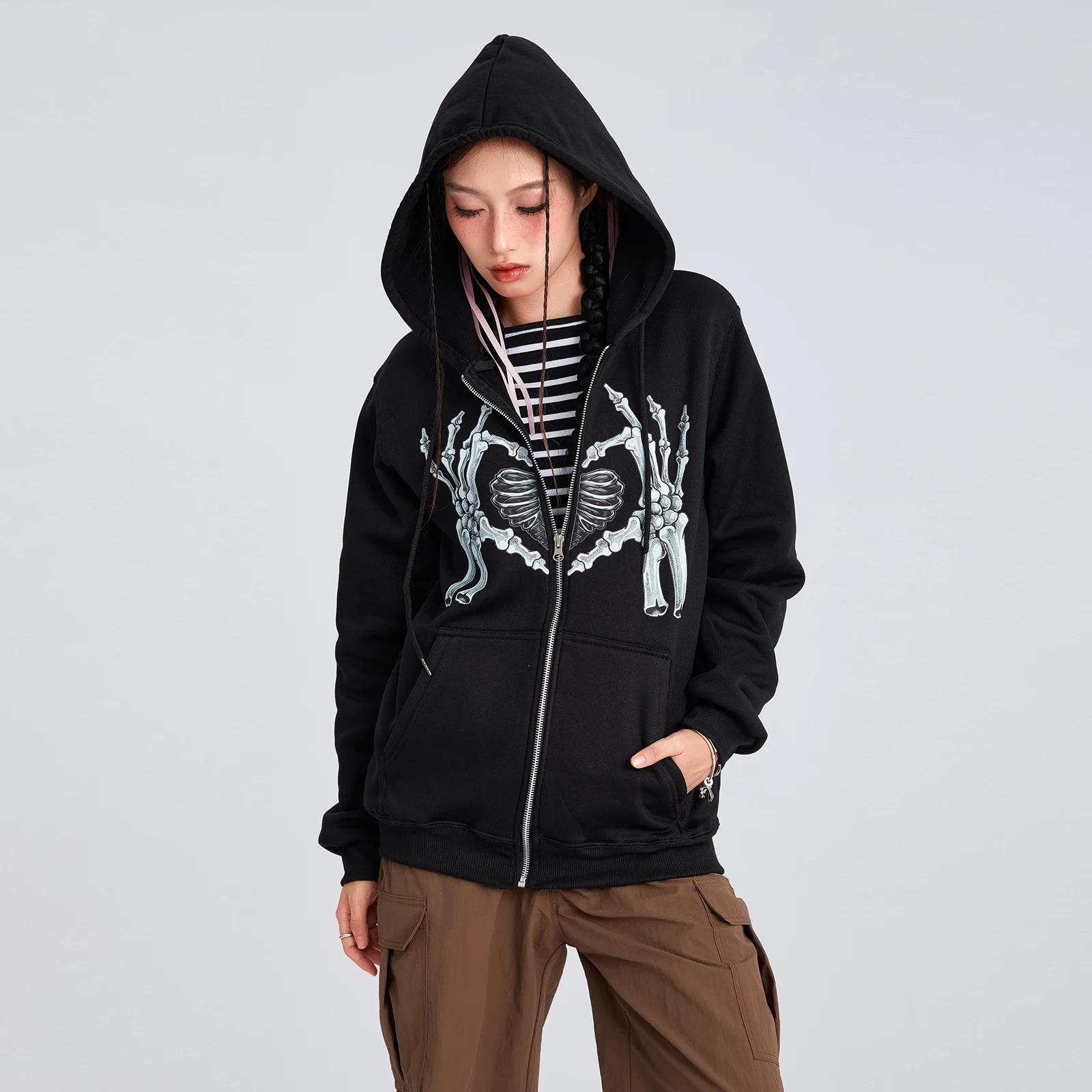 

Men Women Long Sleeve Hoodies Sexy Skeleton Hands Heart Print Zipped Sweatshirts Fashion Jacket With Pockets Coats Streetwear