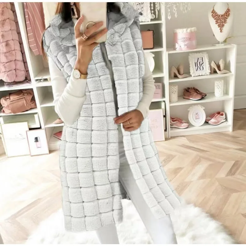 2023 New Autumn Winter Faux Fur Vest Women Sleeveless Jacket Fur Waistcoat Hooded Cardigan Luxury Long Vest Thick Warm Windproof