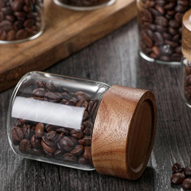 180ml Wood Lid Glass Airtight Canister Kitchen Storage Bottles Jars Food Container Grains Coffee Beans Grains Candy Containers 2