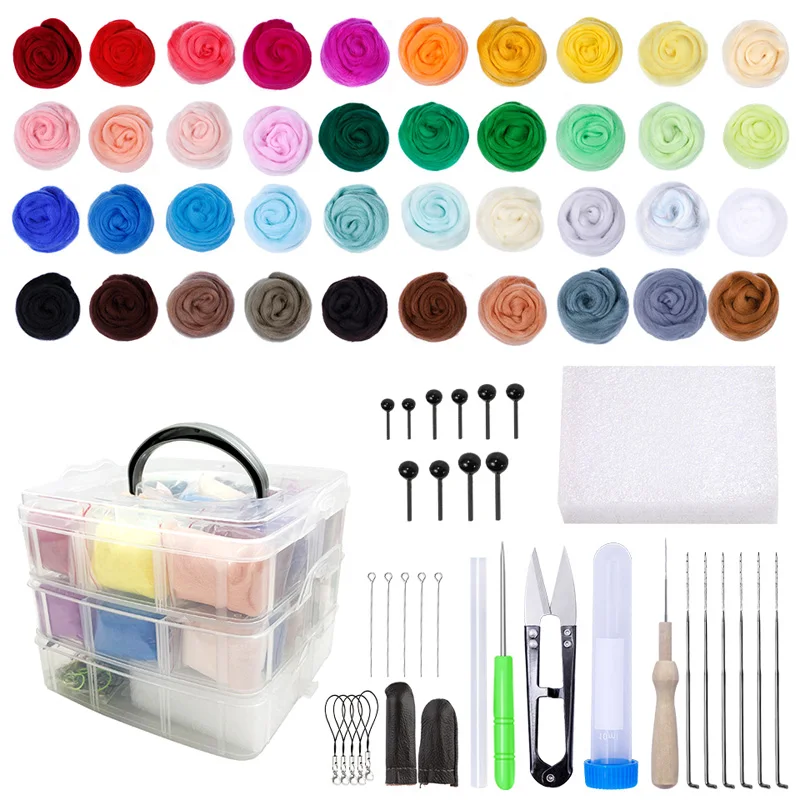 

LMDZ 36/40 Colors 3g Wool Roving Felting Needle Set With Felting Needles Foam Pad Animal Eyes 3 Layers Plastic Box DIY Package