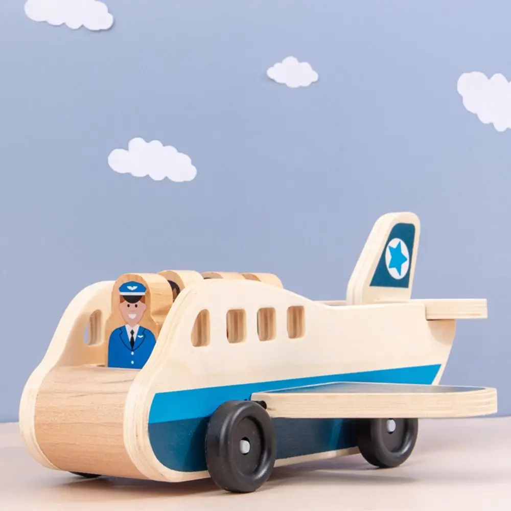 Building Blocks Wooden Passenger Plane Set Simulation Aircraft Commander Double Layer Car Model Color Cognitive Trailer